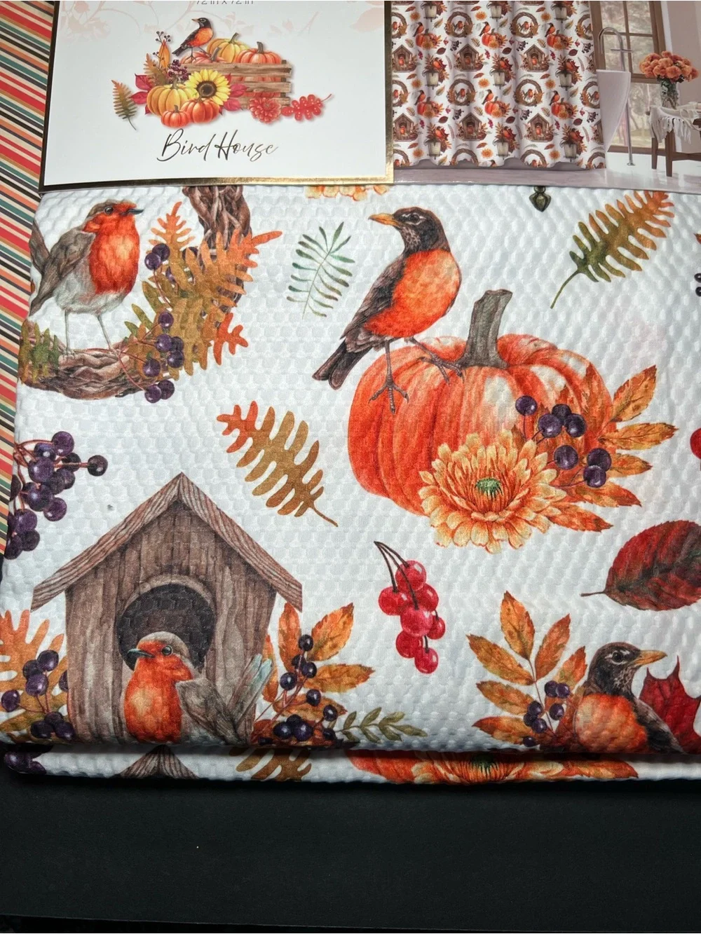 Autumn Birdhouse Textured Fabric Shower Curtain Birds Pumpkins Leaves Wreath